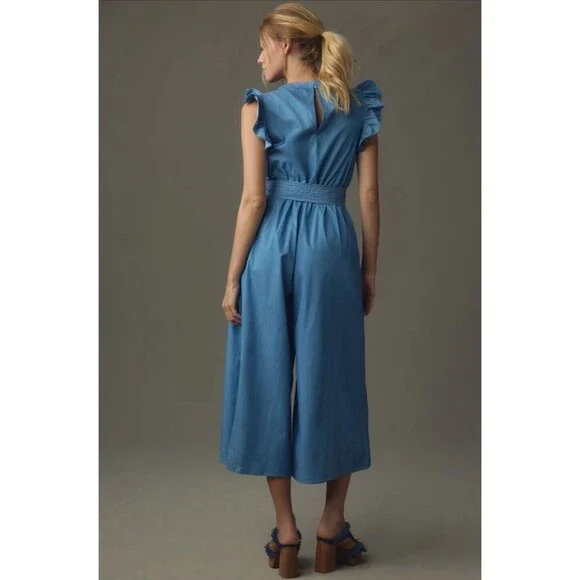 Anthropologie Hutch Jumpsuit Blue Journi Wide Leg Retro Coastal Boho Medium NWT